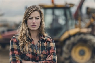 Portrait of farmer woman with blurry tacktor in background. KI generiert, generiert KI generiert,