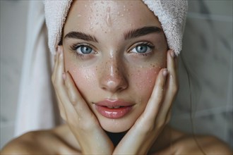 Beautiful woman with clean wet skin and towel wrapped around head after shower. KI generiert,