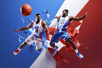 Abstract digital render of olympic basketball players morphing into fluid shapes of french tricolor