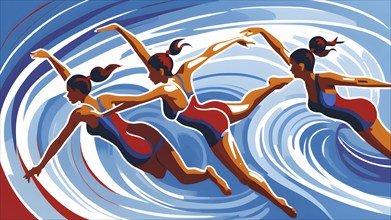 Abstract digital render of olympic synchron swimmers morphing into fluid shapes in french tricolor