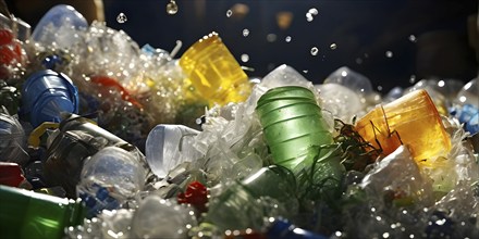 Plastic recycling process with shredded pet bottles and assorted plastic waste compressed, AI