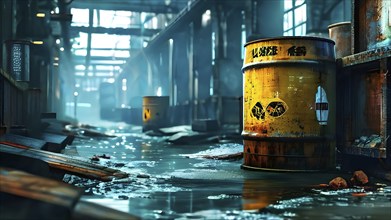 Representation of illegal nuclear waste barrel leaking radioactive material, AI generated