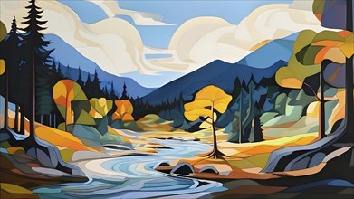 Abstract canvas illustration of a serene nature hike scenery with majestic mountains, AI generated