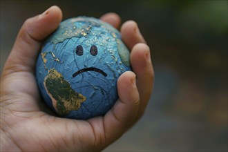 Small planet earth globe with sad face held by hand. Generative Ai, AI generated