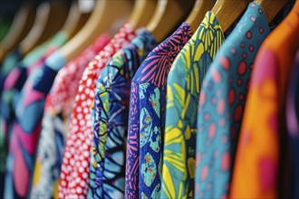 Colorful clothing with bright and bold patterns hanging on clothing rail. Generative ai, AI