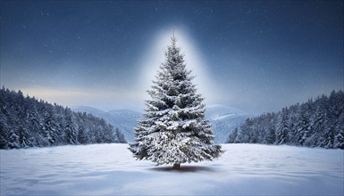 Christmas tree shining in mystical light in a forest clearing in a snowy winter landscape, symbol