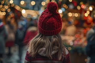 Back view of girl child with winter clothes at christmas market. Generative Ai, AI generated