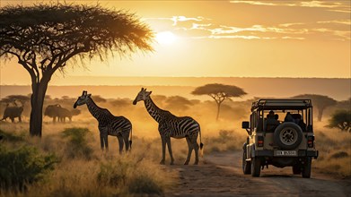 Jeep staged near majestic elephants and giraffes grazing in the sweeping expanse of the african