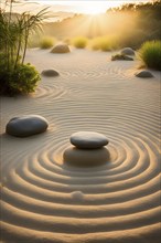 Zen garden bathed in the soft glow of dawn as a serene symbol for relaxation, AI generated