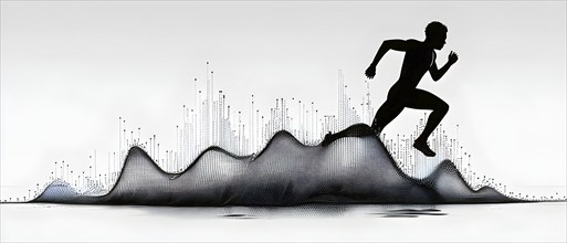 Wave of data points shaping into a runners silhouette, abstract illustration in black and white,