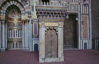 Interior photo, bronze-hinged door made of cedar wood, Sultan Hasan Mosque, Cairo, Egypt, September