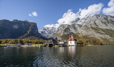 Königssee with Watzmann massif and pilgrimage church St. Bartholomä, autumnal mountain landscape,