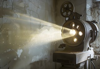 An old movie projector casting flickering images onto a cracked wall, creating a sense of vintage