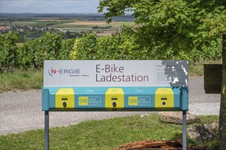 E-bike charging station in the vineyards around Hüttenheim, Lower Franconia, Bavaria, Germany,