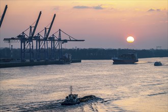 Evening shipping traffic on the Elbe, near Övelgönne, container freighter, feeder ship Ruth,