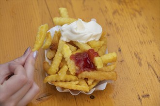 French fries with mayonnaise on a wooden table, Bavaria, Germany, Europe