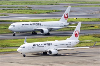 Boeing 737-800 and Boeing 767-300ER aircraft of Japan Airlines JAL at Tokyo Haneda Airport, Japan,