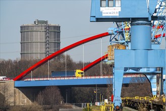 Gasometer of the Prosperität coking plant in Bottrop, cranes in Essen city harbour, motorway bridge