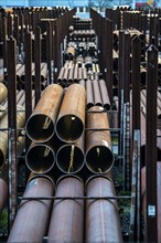 Warehouse for steel pipes in Duisburg harbour, steel pipes in various diameters, North