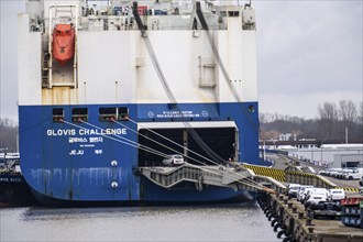 Loading of new cars at AutoTerminal Kaiserhafen 2, Bremerhaven, for export overseas, Car Carrier