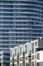 Facade of Rhein-740, 19-storey residential tower block, directly on the Rhine in Düsseldorf,