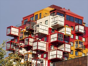 Colored balcony, modern building Ting 1, city Örnsköldsvik, Sweden, Europe