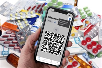 Symbolic image of an e-prescription, prescription issued by a doctor, with QR code, is scanned