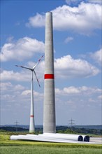 Wind farm near Brilon-Radlinghausen, new wind turbine being built, tower elements and rotors ready