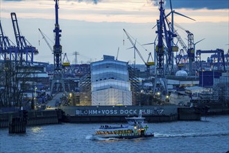 Port of Hamburg, view of the Blohm + Voss shipyard, Dock Elbe 17, evening, cranes of the container