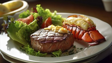 Fresh lobster tail in melting butter and steak with sauteed vegetables dish, generative AI, AI