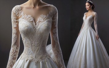 A woman is wearing a long white wedding dress with a lot of lace and pearls. The dress is very