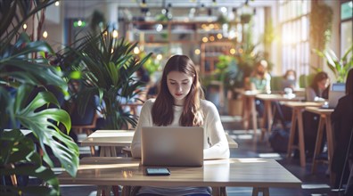 A business woman is sitting at a table with a laptop in front of her working remotely with the team