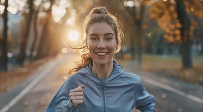 A woman runner running and jogging in a park. Active lifestyle, training for endurance, AI