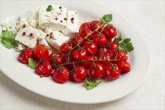 Baked cherry tomatoes, with cheese, and spices, on a white plate, homemade, no people