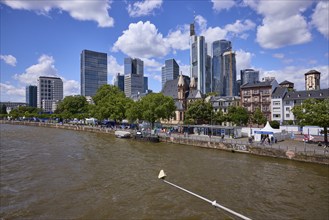 Main and skyscrapers with fan mile for the European Football Championship under a blue sky with