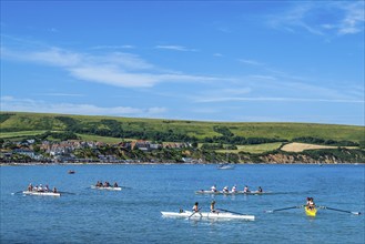 People in kayaks on Swanage Bay, Swanage, Dorset, England, United Kingdom, Europe