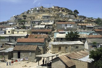 Brick houses on hill of suburb of Lobito, Angola, Southern Africa, Africa