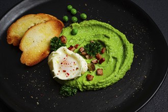 Mashed peas, with boiled egg, fried bacon, toast, baguette, breakfast, homemade, no people