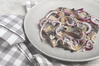 Salted herring, with spices and red onion, sliced fillet, on a plate, top view