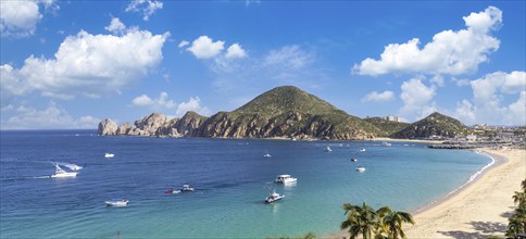 Mexico, Scenic panoramic aerial view of Los Cabos tourist destination Arch of Cabo San Lucas, El