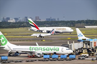 Amsterdam Schiphol Airport, Emirates Airbus A380 taking off on the Aalsmeerbaan runway, aircraft on