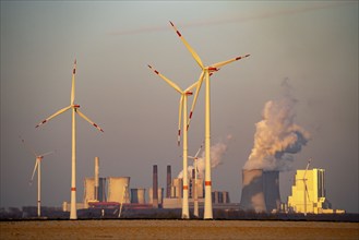 Wind power plants, wind farm, Neurath lignite-fired power plant, Rhenish lignite mining area