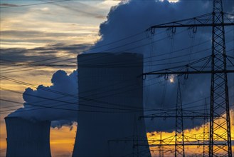 Lignite-fired power plant, RWE Power AG Niederaussem power plant, sunset, Bergheim, North