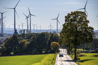 Country road, wind farm above the village of Lichtenau, self-proclaimed energy town, Paderborn