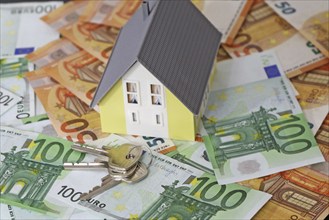 Concept photo with model house, euro notes and coins