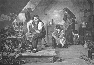 Quarrel in the shoemaker's family, mother and baby crying, the shoemaker looks angry, Historical,