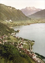 Territet, Chillon and Dent du Midi, from Glion, Geneva Lake, Switzerland, Historic, digitally