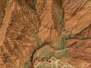 Eroded mountain landscape, top-down, canyon with red and orange rock formations, aerial view,