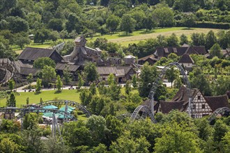 Roller coaster, half-timbered houses, Tripsdrill amusement park, Cleebronn, Baden-Württemberg,