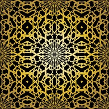 Geometric gold lace seamless pattern. Arabic tile lattice vector background.